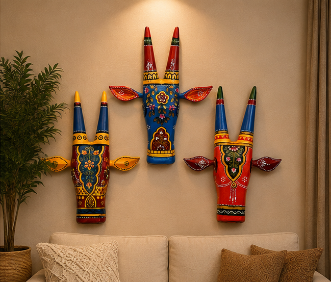 Handcrafted & Hand Painted Traditional Three Wooden Cow Face - 6 inch