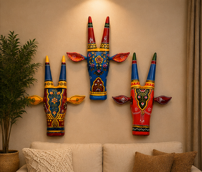 Handcrafted & Hand Painted Traditional Three Wooden Cow Face - 6 inch