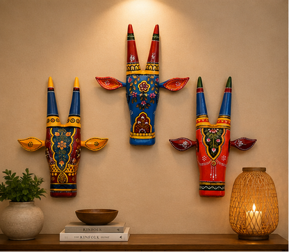 Handcrafted & Hand Painted Traditional Three Wooden Cow Face - 6 inch
