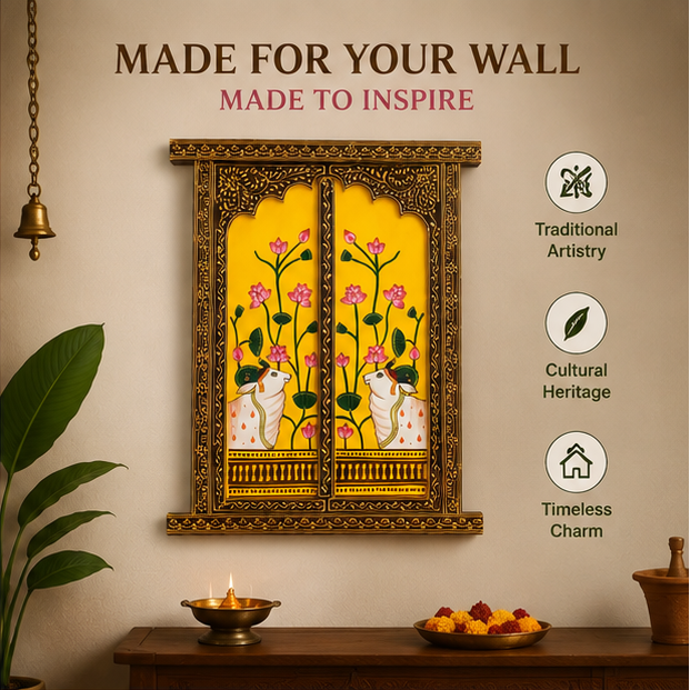 Handcrafted & Hand Painted Kamdhenu Lotus Hand-Painted Wall Panel