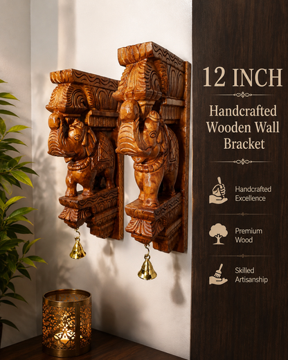 Trendytix Handcrafted Wooden Elephant Wall Bracket Pair with Brass Bells