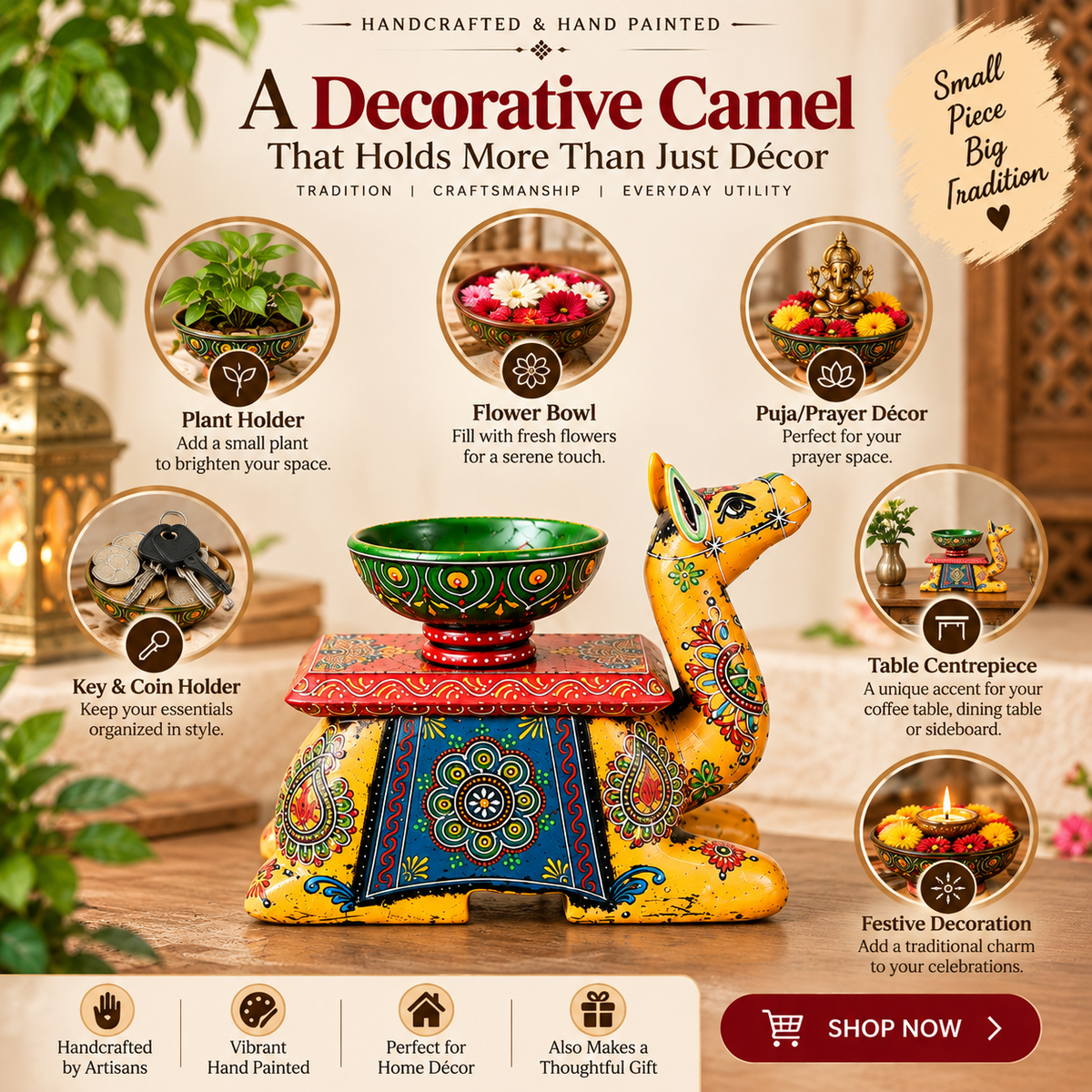 Trendytix Handcrafted Wooden Camel Bowl Stand – Yellow Folk Art Decorative Table(full set)