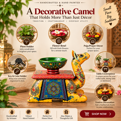 Trendytix Handcrafted Wooden Camel Bowl Stand – Yellow Folk Art Decorative Table(full set)