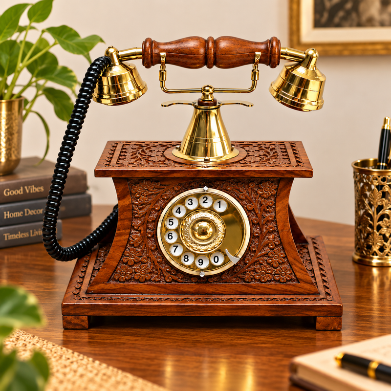 REAL Heritage Handcrafted Carved Wooden Vintage Telephone (USE AS A UNIQUE DECOR PIECE )