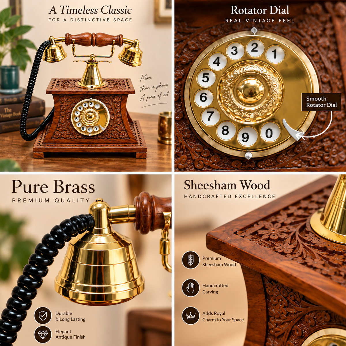 REAL Heritage Handcrafted Carved Wooden Vintage Telephone (USE AS A UNIQUE DECOR PIECE )