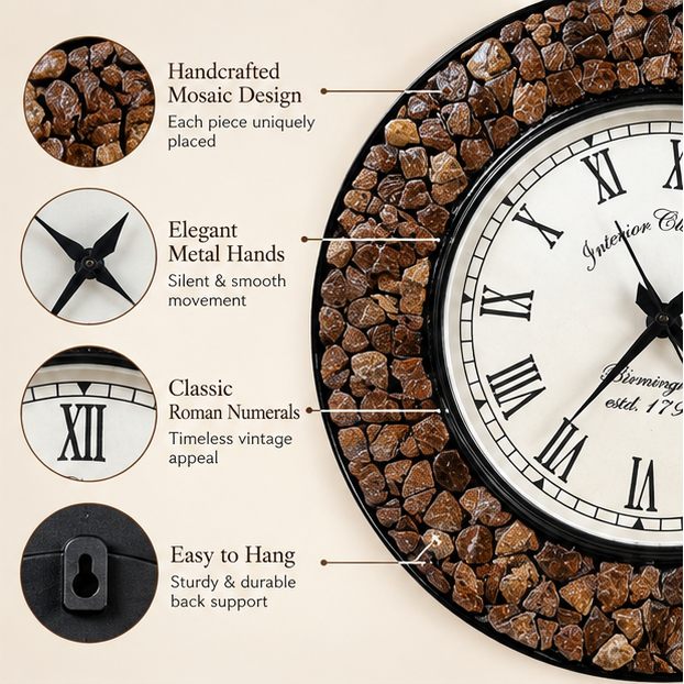 Stone Crest Nariyal & Wood Handcrafted Clock - Size - 16 Inch