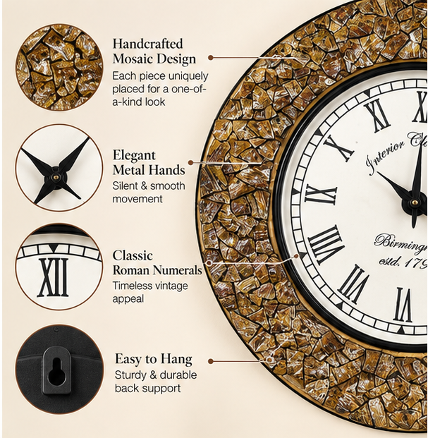 Stone Crest Nariyal & Wood Handcrafted Clock - Size - 16 Inch Gold Colour