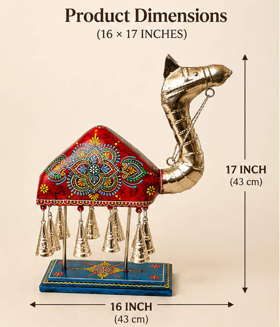 Handcrafted Camel Figurine with Silver-Plated Finish & Hanging Bells – 16 × 17 Inch