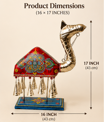Handcrafted Camel Figurine with Silver-Plated Finish & Hanging Bells – 16 × 17 Inch