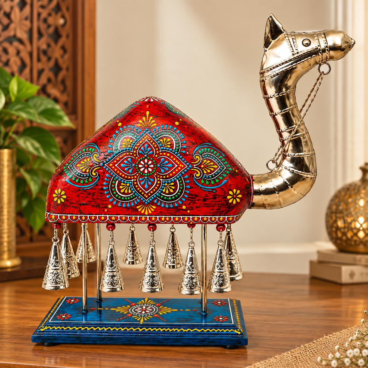 Handcrafted Camel Figurine with Silver-Plated Finish & Hanging Bells – 16 × 17 Inch