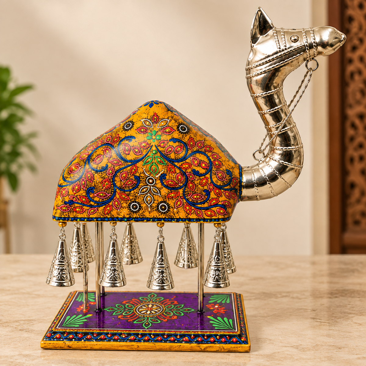 Handcrafted Camel Figurine with Silver-Plated Finish & Hanging Bells – 16 × 17 Inch yellow