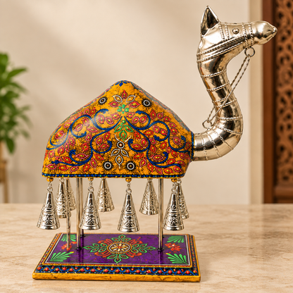 Handcrafted Camel Figurine with Silver-Plated Finish & Hanging Bells – 16 × 17 Inch yellow