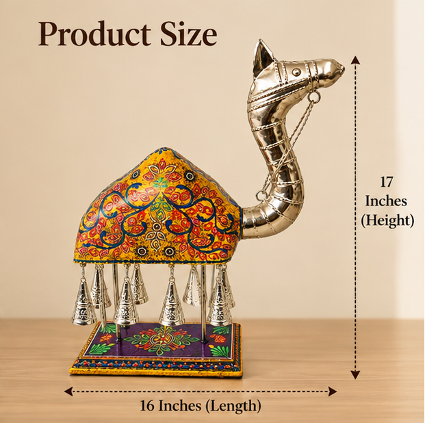 Handcrafted Camel Figurine with Silver-Plated Finish & Hanging Bells – 16 × 17 Inch yellow