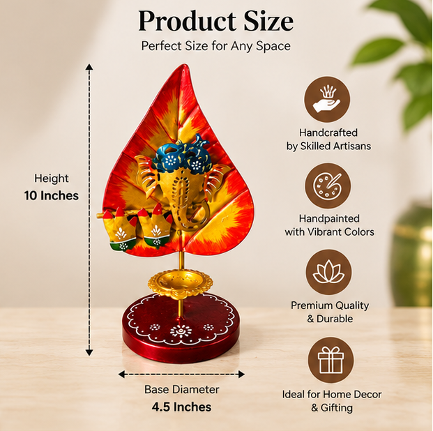 Handcrafted Leaf-Shaped Ganesha Diya Stand – Set of 3 - 10 inch