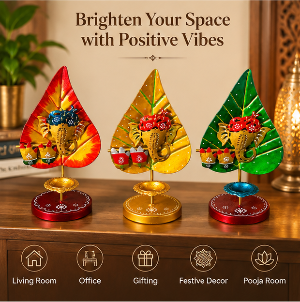 Handcrafted Leaf-Shaped Ganesha Diya Stand – Set of 3 - 10 inch