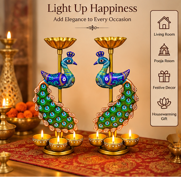 Handcrafted Peacock Diya Stand Set of 2 | Handpainted Decor