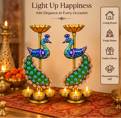 Handcrafted Peacock Diya Stand Set of 2 | Handpainted Decor