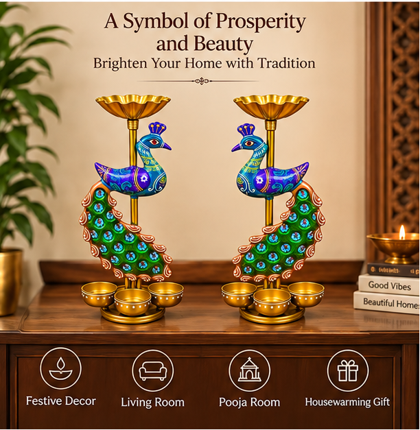 Handcrafted Peacock Diya Stand Set of 2 | Handpainted Decor