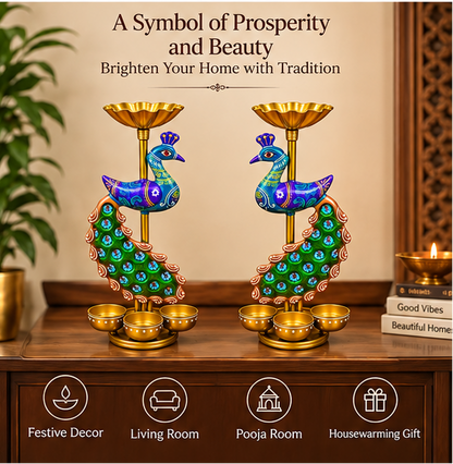 Handcrafted Peacock Diya Stand Set of 2 | Handpainted Decor