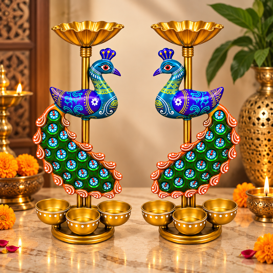 Handcrafted Peacock Diya Stand Set of 2 | Handpainted Decor