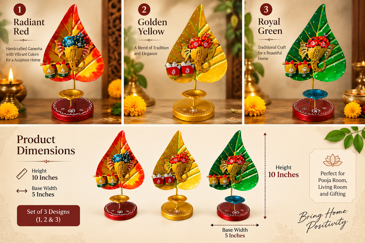 Handcrafted Leaf-Shaped Ganesha Diya Stand- 10 inch