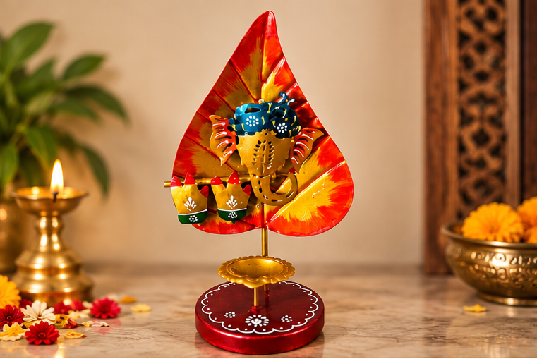 Handcrafted Leaf-Shaped Ganesha Diya Stand- 10 inch