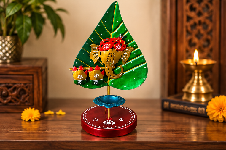 Handcrafted Leaf-Shaped Ganesha Diya Stand- 10 inch