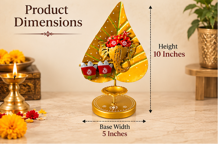 Handcrafted Leaf-Shaped Ganesha Diya Stand- 10 inch