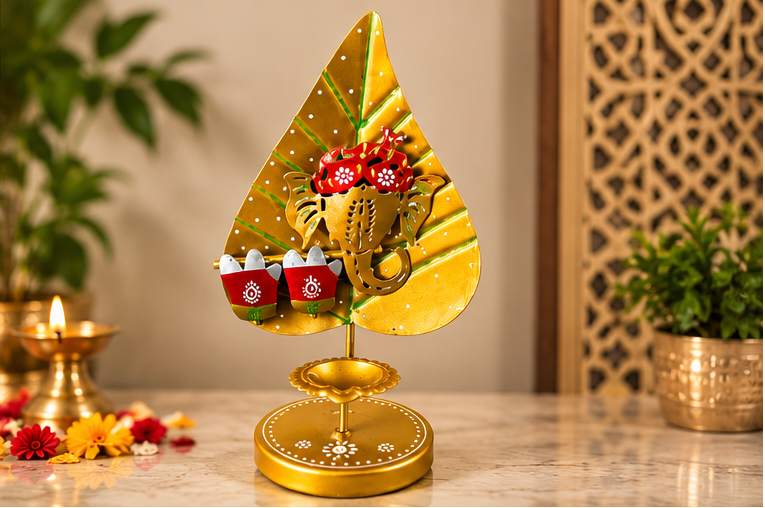 Handcrafted Leaf-Shaped Ganesha Diya Stand- 10 inch