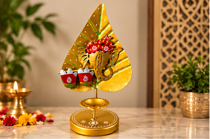 Handcrafted Leaf-Shaped Ganesha Diya Stand- 10 inch