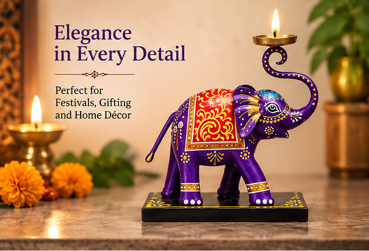 Handcrafted Elephant Diya Stand – 8 Inch | Hand-Painted Traditional Décor