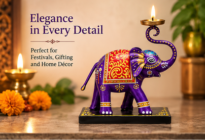 Handcrafted Elephant Diya Stand – 8 Inch | Hand-Painted Traditional Décor