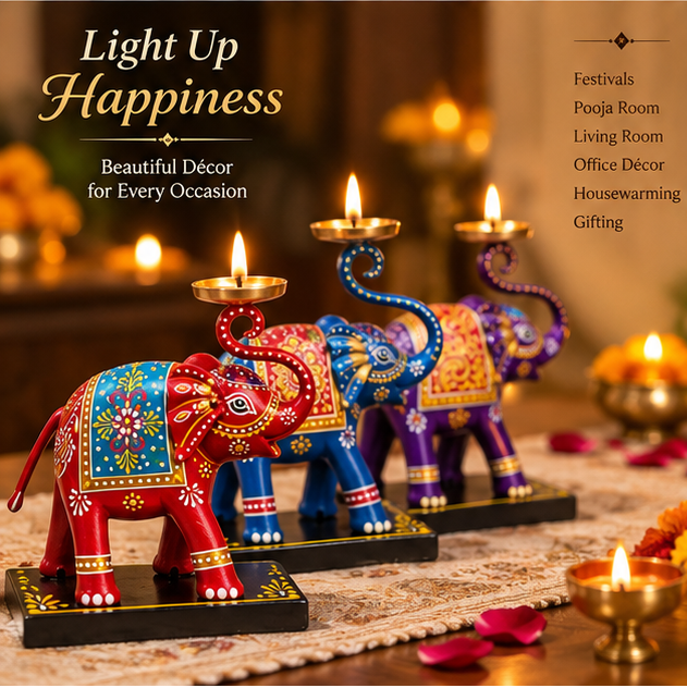 Handcrafted Elephant Diya Stand 3 piece set – 8 Inch