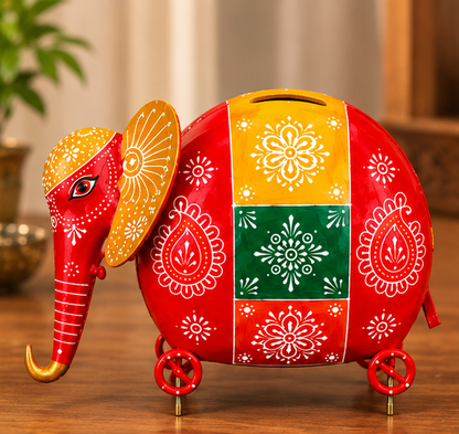 Handcrafted Wooden Elephant Coin Box  – 10 Inch | Hand-Painted Traditional Decor