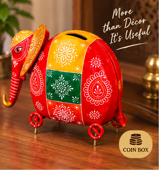 Handcrafted Wooden Elephant Coin Box  – 10 Inch | Hand-Painted Traditional Decor