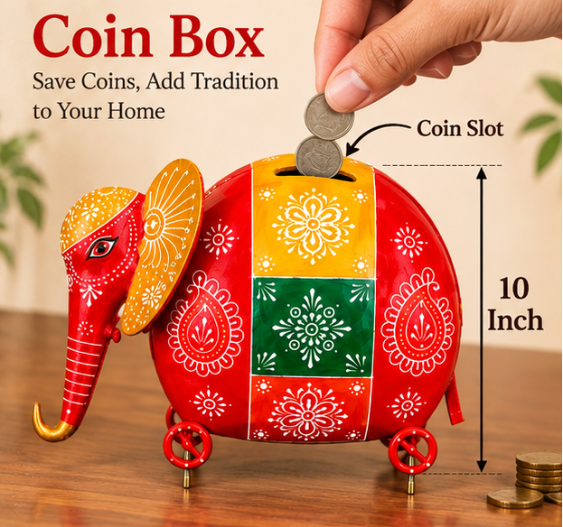 Handcrafted Wooden Elephant Coin Box  – 10 Inch | Hand-Painted Traditional Decor