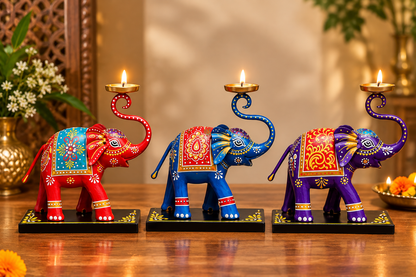 Handcrafted Elephant Diya Stand 3 piece set – 8 Inch