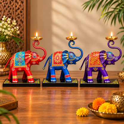 Handcrafted Elephant Diya Stand 3 piece set – 8 Inch