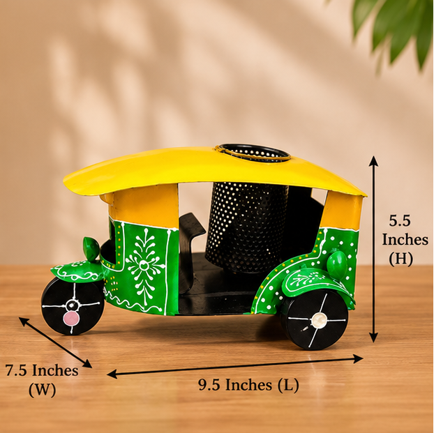 Handcrafted Auto Rickshaw Pen Stand – Traditional Indian Desk Decor