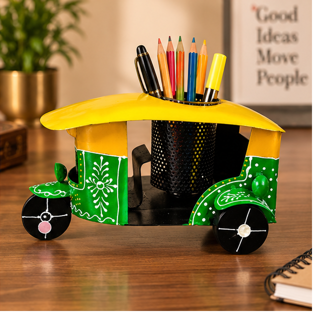 Handcrafted Auto Rickshaw Pen Stand – Traditional Indian Desk Decor