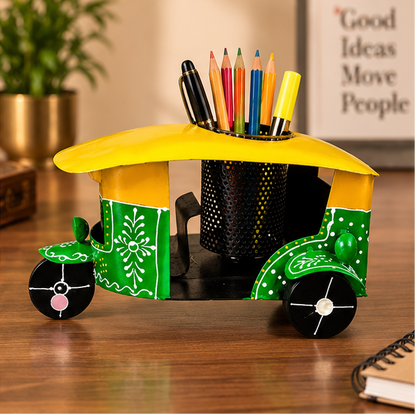 Handcrafted Auto Rickshaw Pen Stand – Traditional Indian Desk Decor