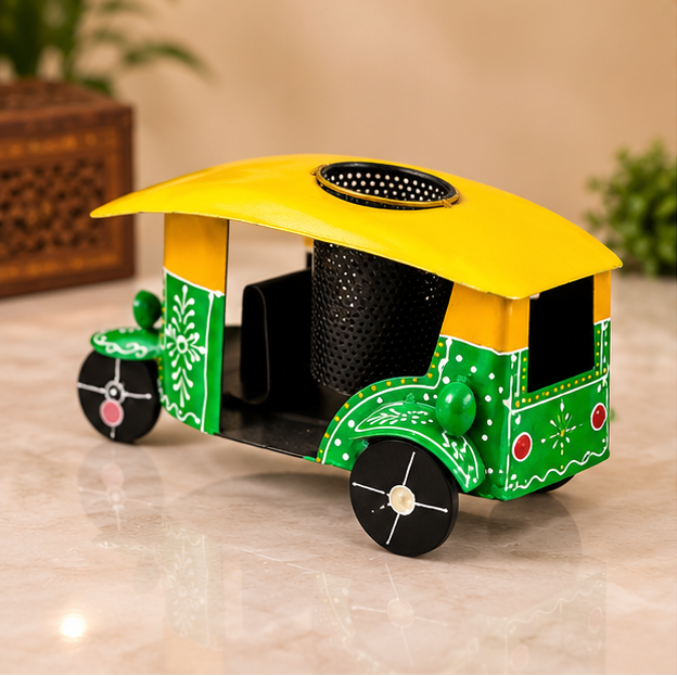 Handcrafted Auto Rickshaw Pen Stand – Traditional Indian Desk Decor