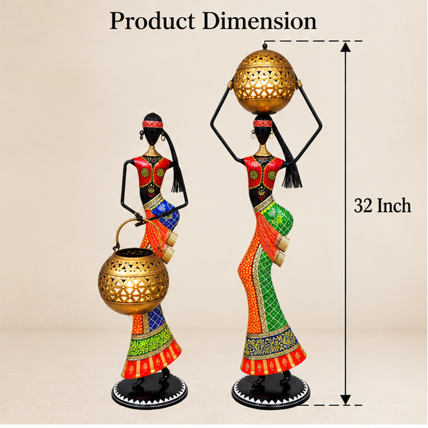Handcrafted Tribal Lady Tea Light Holder Set of 2 – 32 Inch | Traditional Metal Decor