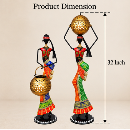 Handcrafted Tribal Lady Tea Light Holder Set of 2 – 32 Inch | Traditional Metal Decor