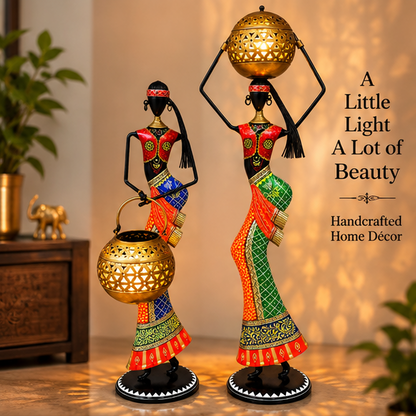 Handcrafted Tribal Lady Tea Light Holder Set of 2 – 32 Inch | Traditional Metal Decor