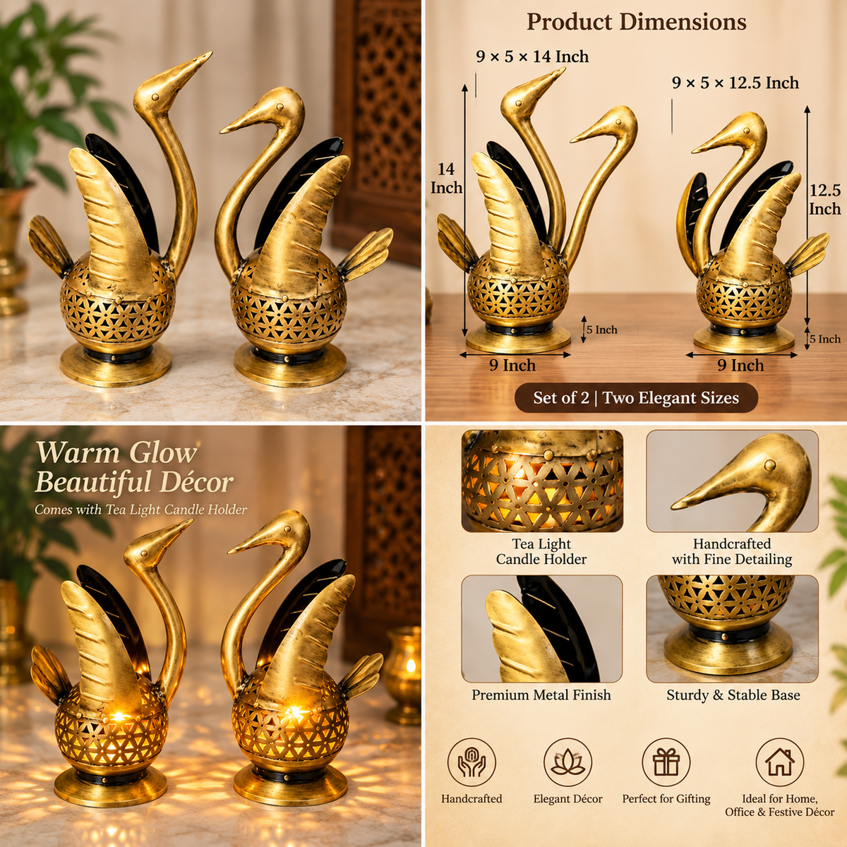 Handcrafted Swan Tealight Candle Holder Set of 2 | Antique Gold Finish