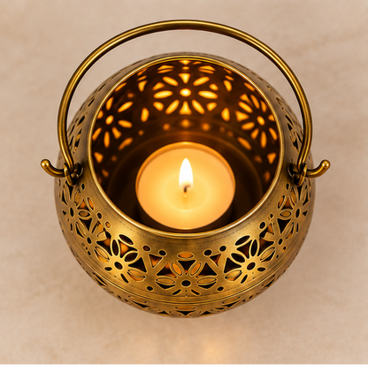 Handcrafted Brass Tea Light Candle Holder – 5 Inch | Floral Cutwork Lantern