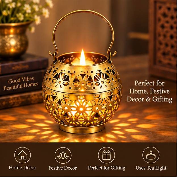 Handcrafted Brass Tea Light Candle Holder – 5 Inch | Floral Cutwork Lantern