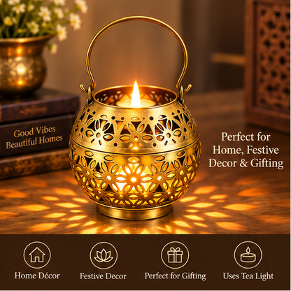 Handcrafted Brass Tea Light Candle Holder – 5 Inch | Floral Cutwork Lantern