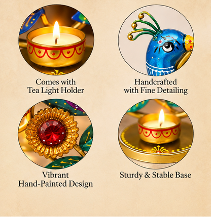 Handcrafted Peacock Tea Light Candle Holder – 9 Inch | Hand-Painted Metal Décor